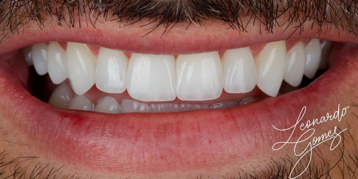 Sorriso masculino após facetas, com dentes alinhados e proporcionais ao rosto